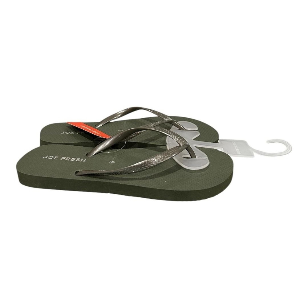 Joe Fresh Flip Flop Sandals Womens Size 6 Green Metallic Strap Beach Shoes
